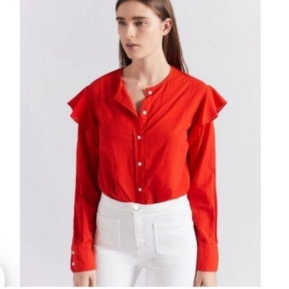 Current/Elliott The Ashley Red Ruffled Sleeve Front Tie Blouse - Picture 1 of 9